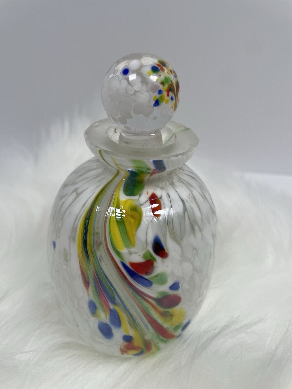1980’s White And Multicolor Art Glass Hand blown Perfume Bottle